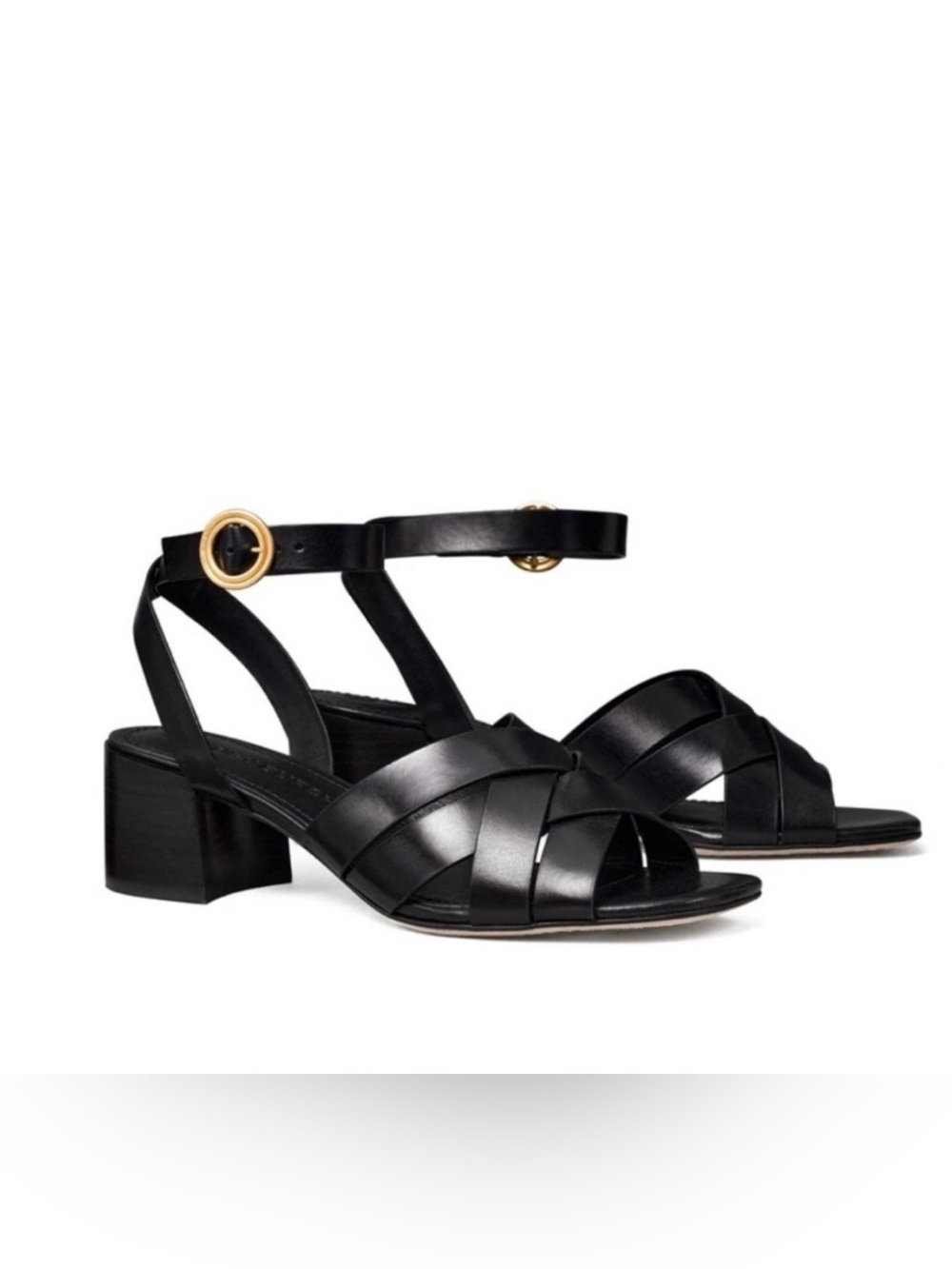 Tory Burch Black Leather Woven Block Heel Ankle Strap Sandals Size 7.5